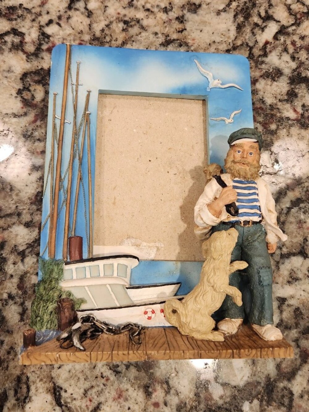 Vintage 3D Fisherman & His Dog Picture Desk Frame for 5" x 3" Photo Nautical